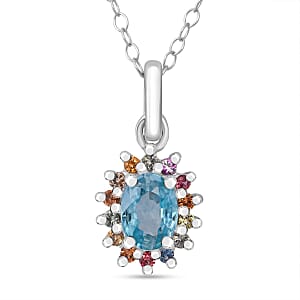 D'Joy Premium Cambodian Blue Zircon and Multi Sapphire 1.50 ctw Royal Bloom Pendant Necklace in Rhodium Over Sterling Silver 20 Inches