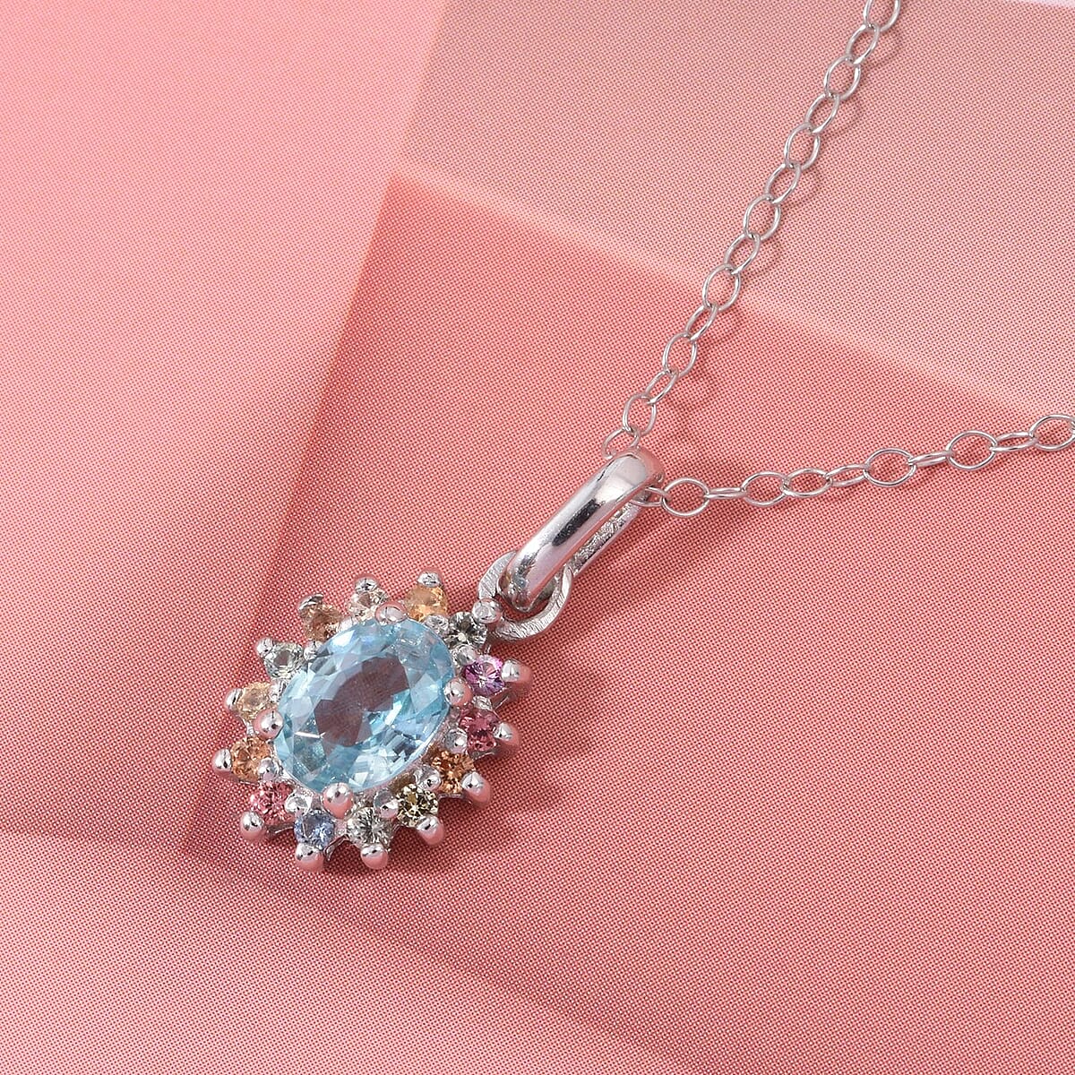 D'Joy Premium Cambodian Blue Zircon and Multi Sapphire 1.50 ctw Royal Bloom Pendant Necklace in Rhodium Over Sterling Silver 20 Inches image number 1