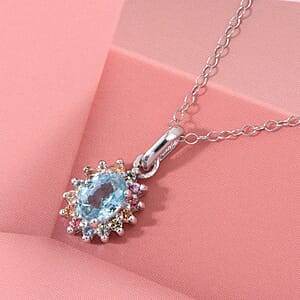 D'Joy Premium Cambodian Blue Zircon and Multi Sapphire 1.50 ctw Royal Bloom Pendant Necklace in Rhodium Over Sterling Silver 20 Inches