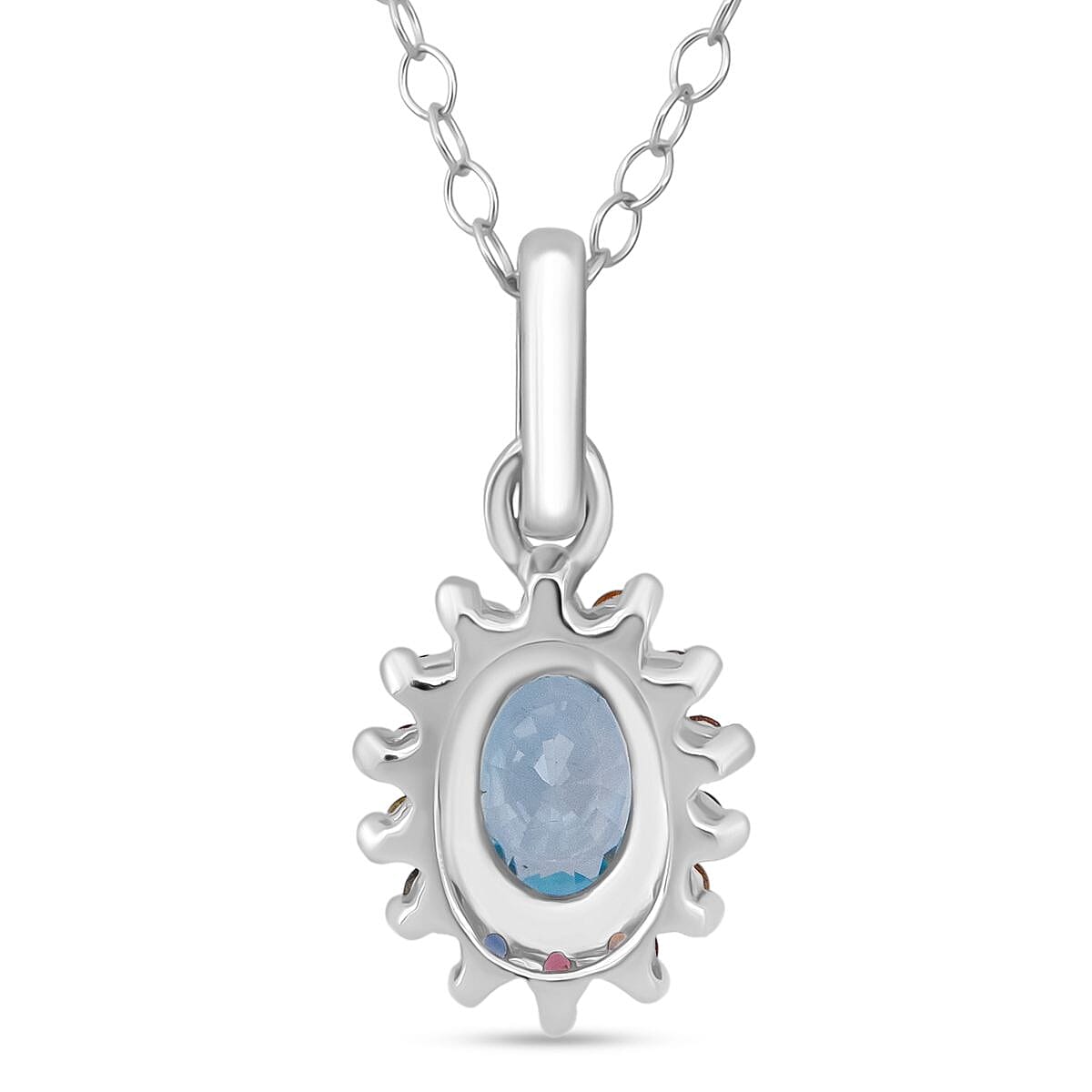 D'Joy Premium Cambodian Blue Zircon and Multi Sapphire 1.50 ctw Royal Bloom Pendant Necklace in Rhodium Over Sterling Silver 20 Inches image number 4