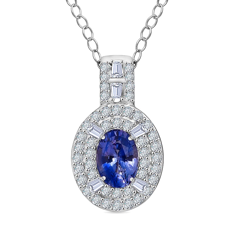 D'Joy Premium Ceylon Blue Sapphire and Moissanite 1.50 ctw Celestial Halo Pendant Necklace in Rhodium Over Sterling Silver 20 Inches