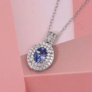 D'Joy Premium Ceylon Blue Sapphire and Moissanite 1.50 ctw Celestial Halo Pendant Necklace in Rhodium Over Sterling Silver 20 Inches