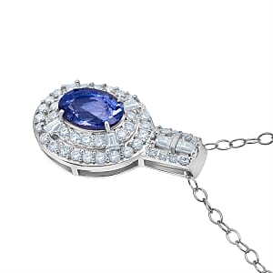 D'Joy Premium Ceylon Blue Sapphire and Moissanite 1.50 ctw Celestial Halo Pendant Necklace in Rhodium Over Sterling Silver 20 Inches