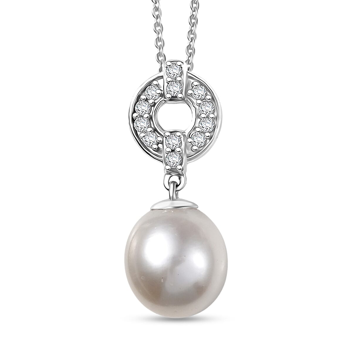 D'Joy Freshwater Pearl and White Zircon 0.25 ctw Pendant Necklace in Rhodium Over Sterling Silver 20 Inches image number 0
