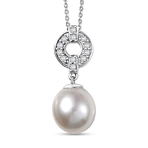D'Joy Freshwater Pearl and White Zircon 0.25 ctw Pendant Necklace in Rhodium Over Sterling Silver 20 Inches