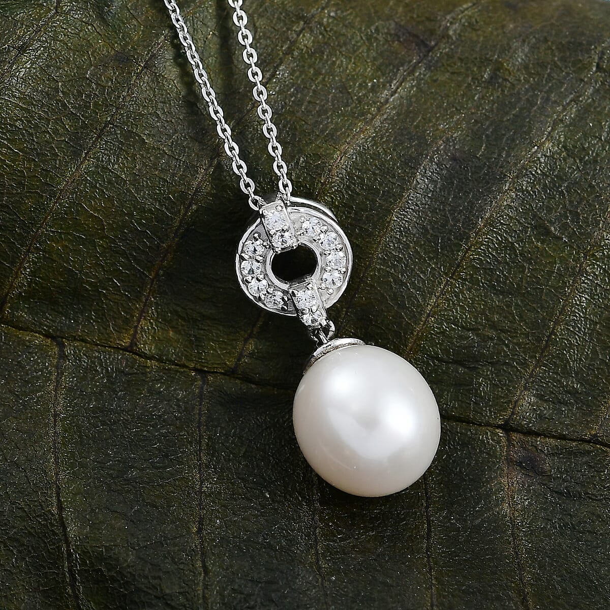 D'Joy Freshwater Pearl and White Zircon 0.25 ctw Pendant Necklace in Rhodium Over Sterling Silver 20 Inches image number 1