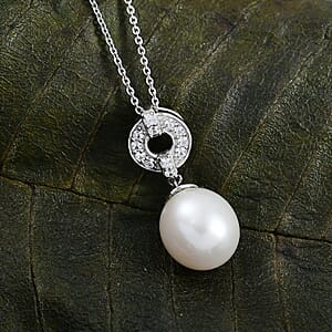 D'Joy Freshwater Pearl and White Zircon 0.25 ctw Pendant Necklace in Rhodium Over Sterling Silver 20 Inches