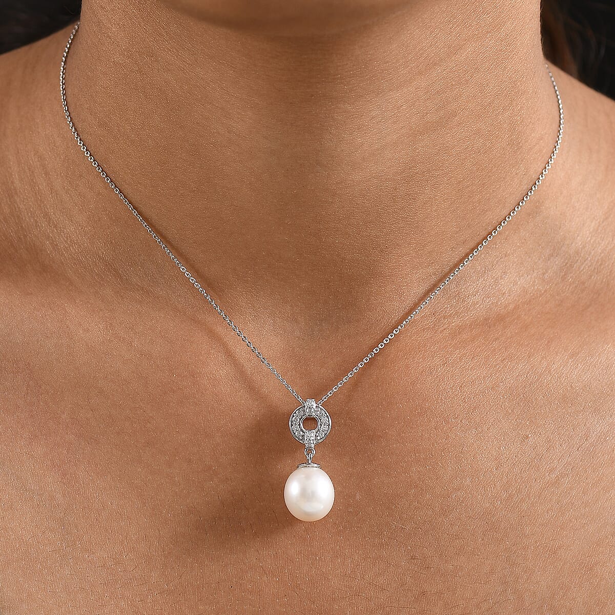D'Joy Freshwater Pearl and White Zircon 0.25 ctw Pendant Necklace in Rhodium Over Sterling Silver 20 Inches image number 2