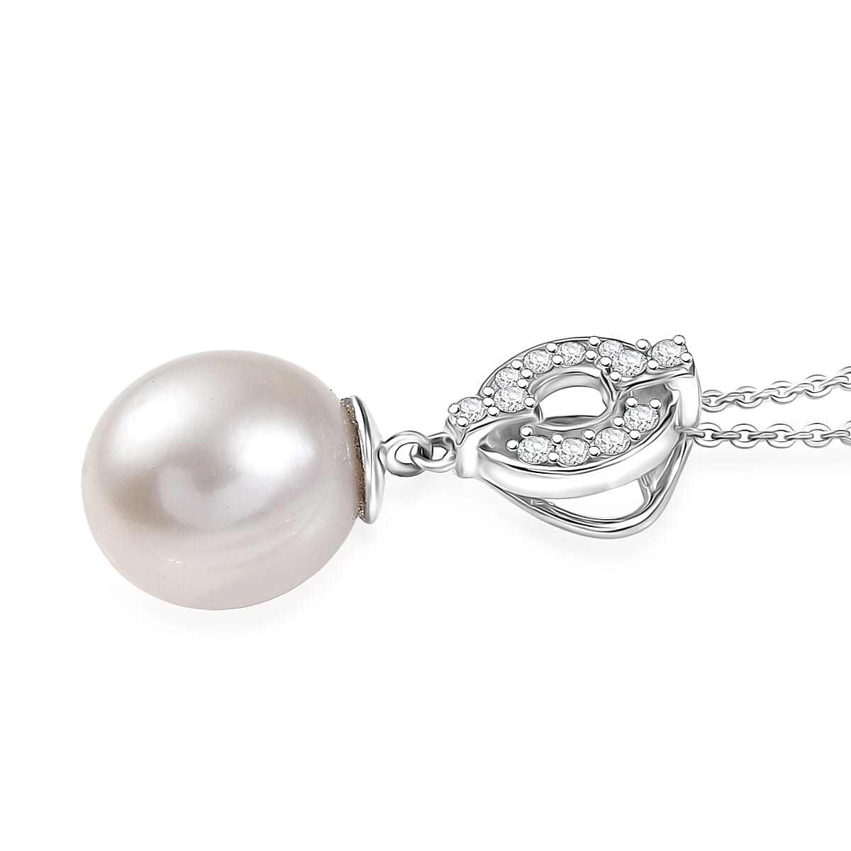 D'Joy Freshwater Pearl and White Zircon 0.25 ctw Pendant Necklace in Rhodium Over Sterling Silver 20 Inches image number 3