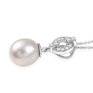 D'Joy Freshwater Pearl and White Zircon 0.25 ctw Pendant Necklace in Rhodium Over Sterling Silver 20 Inches