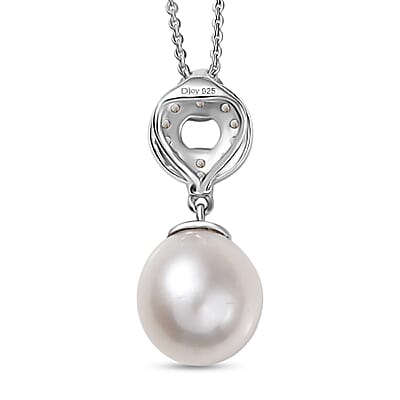 D'Joy Freshwater Pearl and White Zircon 0.25 ctw Pendant Necklace in Rhodium Over Sterling Silver 20 Inches