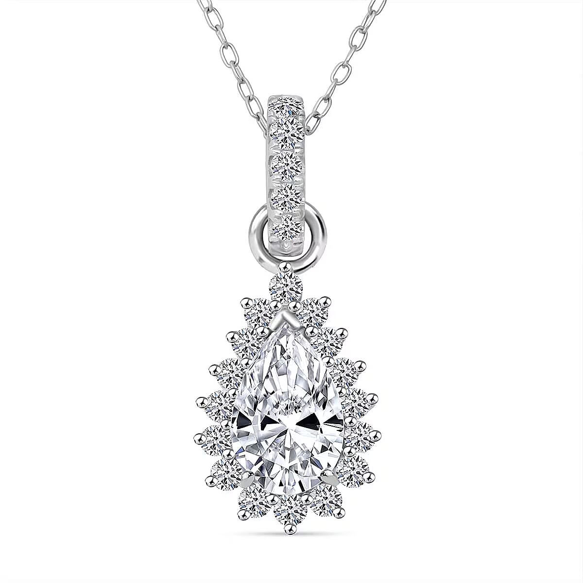 Doorbuster Luxuriant Lab Grown Diamond E-F VS 1.50 ctw Snowdrop Halo Pendant Necklace in Rhodium Over Sterling Silver 20 Inches image number 0