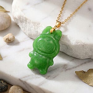 Green Jade (D) 45.00 ctw Carved Mikubu Pendant Necklace in 14K YG Over Sterling Silver 20 Inches