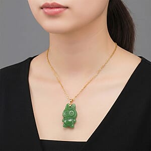 Green Jade (D) 45.00 ctw Carved Mikubu Pendant Necklace in 14K YG Over Sterling Silver 20 Inches