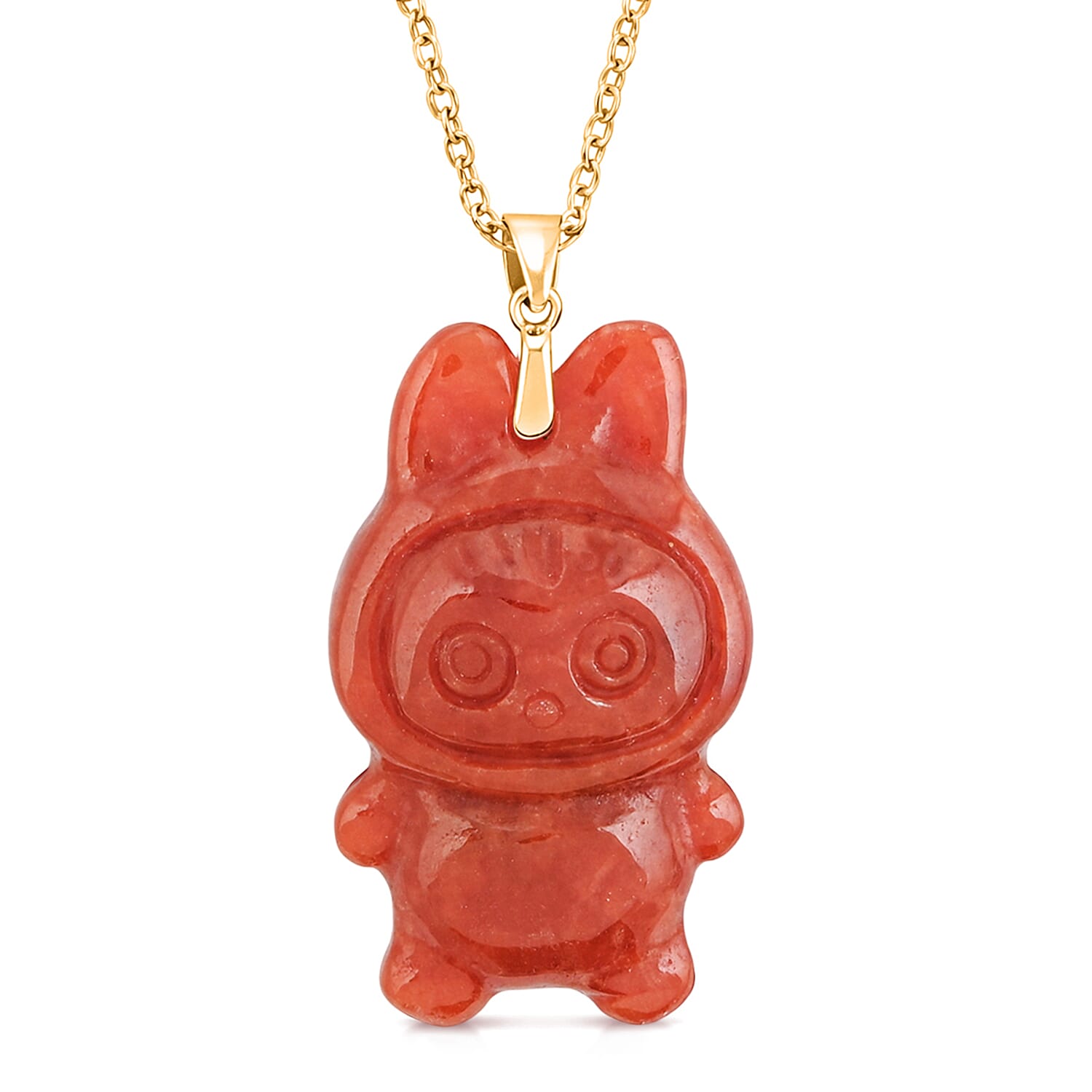 Red Jade (D) 45.00 ctw Carved Mikubu Pendant Necklace in 14K Yellow Gold Over Sterling Silver 20 Inches