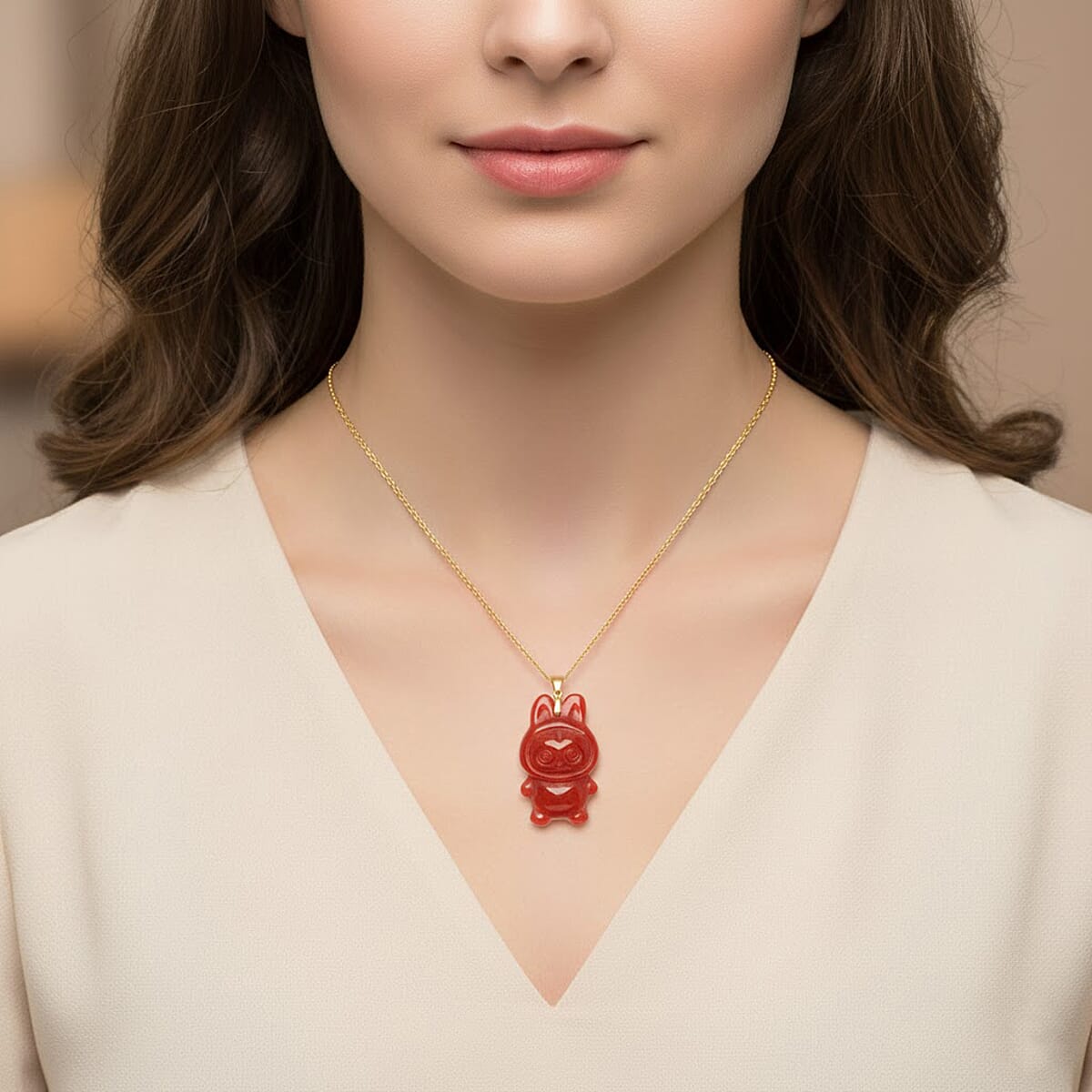 Red Jade (D) 45.00 ctw Carved Mikubu Pendant Necklace in 14K Yellow Gold Over Sterling Silver 20 Inches image number 2