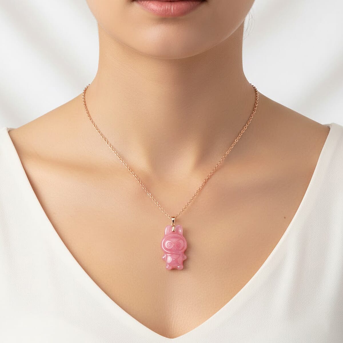 Pink Jade (D) 45.00 ctw Carved Mikubu Pendant Necklace in 14K Rose Gold Over Sterling Silver 20 Inches image number 2