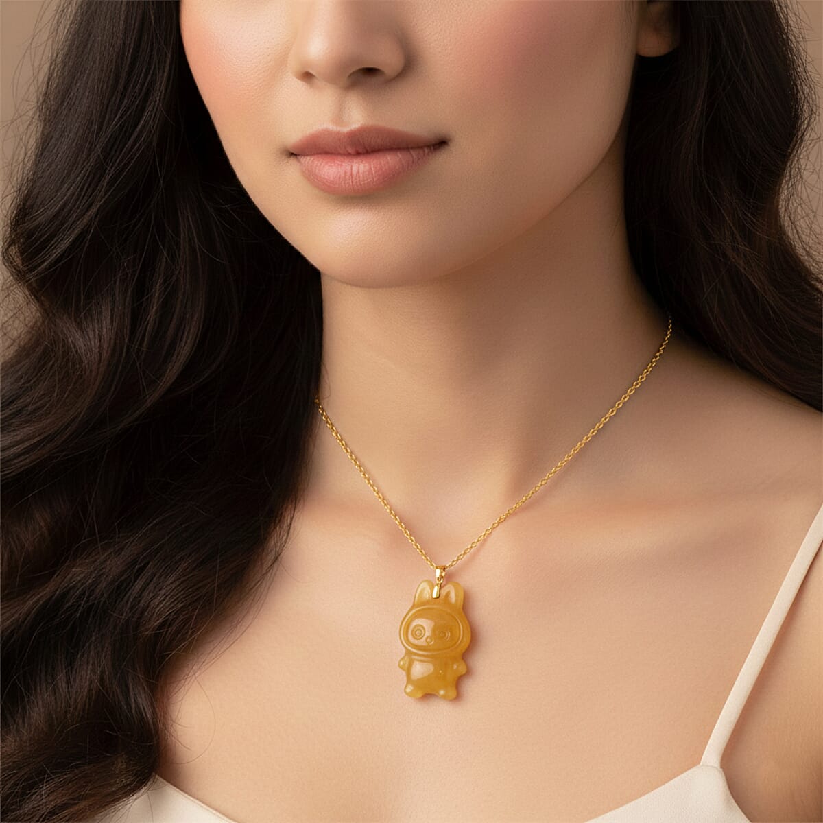 Yellow Jade (D) 45.00 ctw Carved Mikubu Pendant Necklace in 14K Yellow Gold Over Sterling Silver 20 Inches image number 2