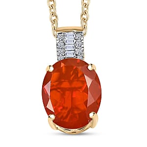 Mexican Cherry Fire Opal and Luxuriant Lab Grown Diamond E-F VS 2.40 ctw Pendant Necklace in 10K Yellow Gold 20 Inches