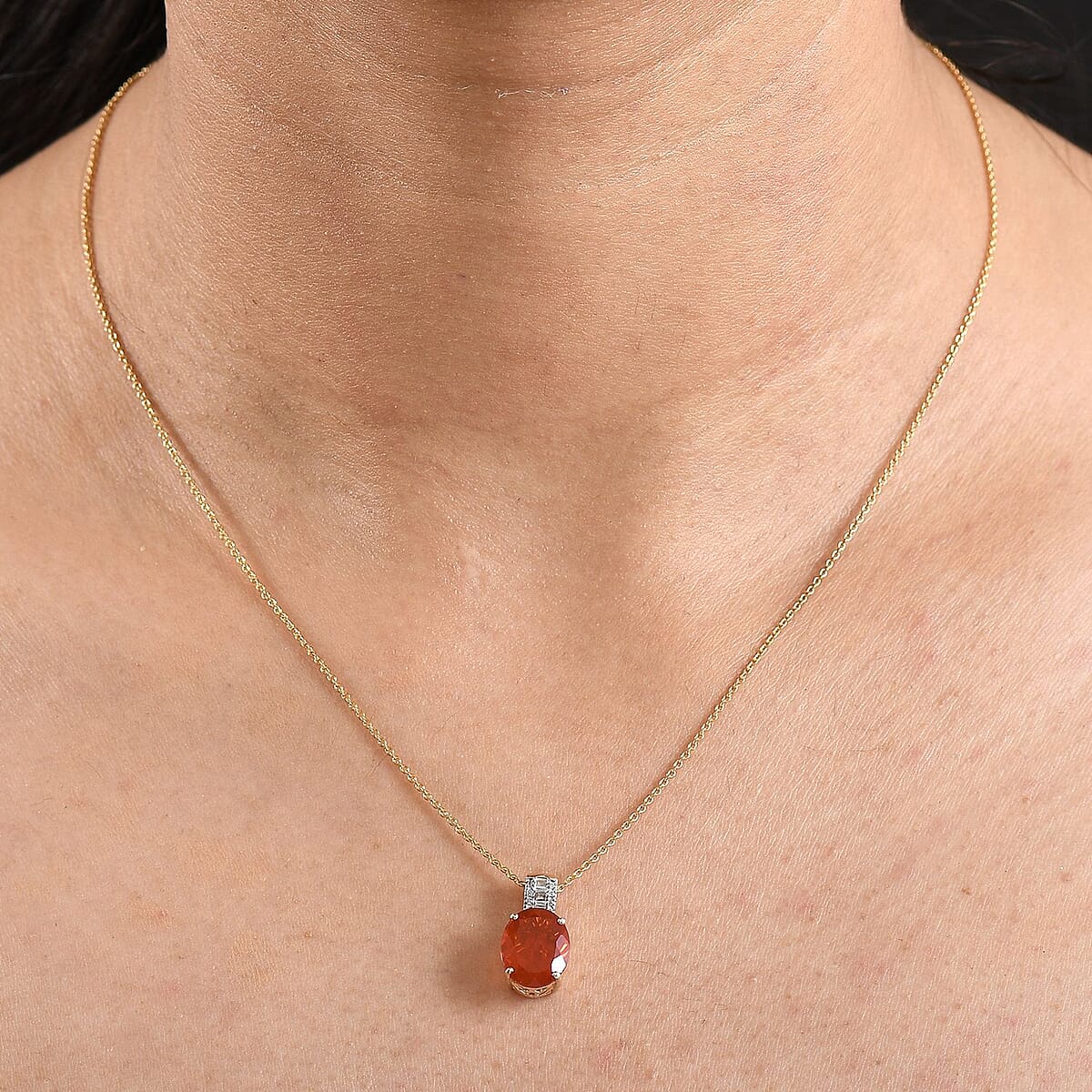 Mexican Cherry Fire Opal and Luxuriant Lab Grown Diamond E-F VS 2.40 ctw Pendant Necklace in 10K Yellow Gold 20 Inches image number 2
