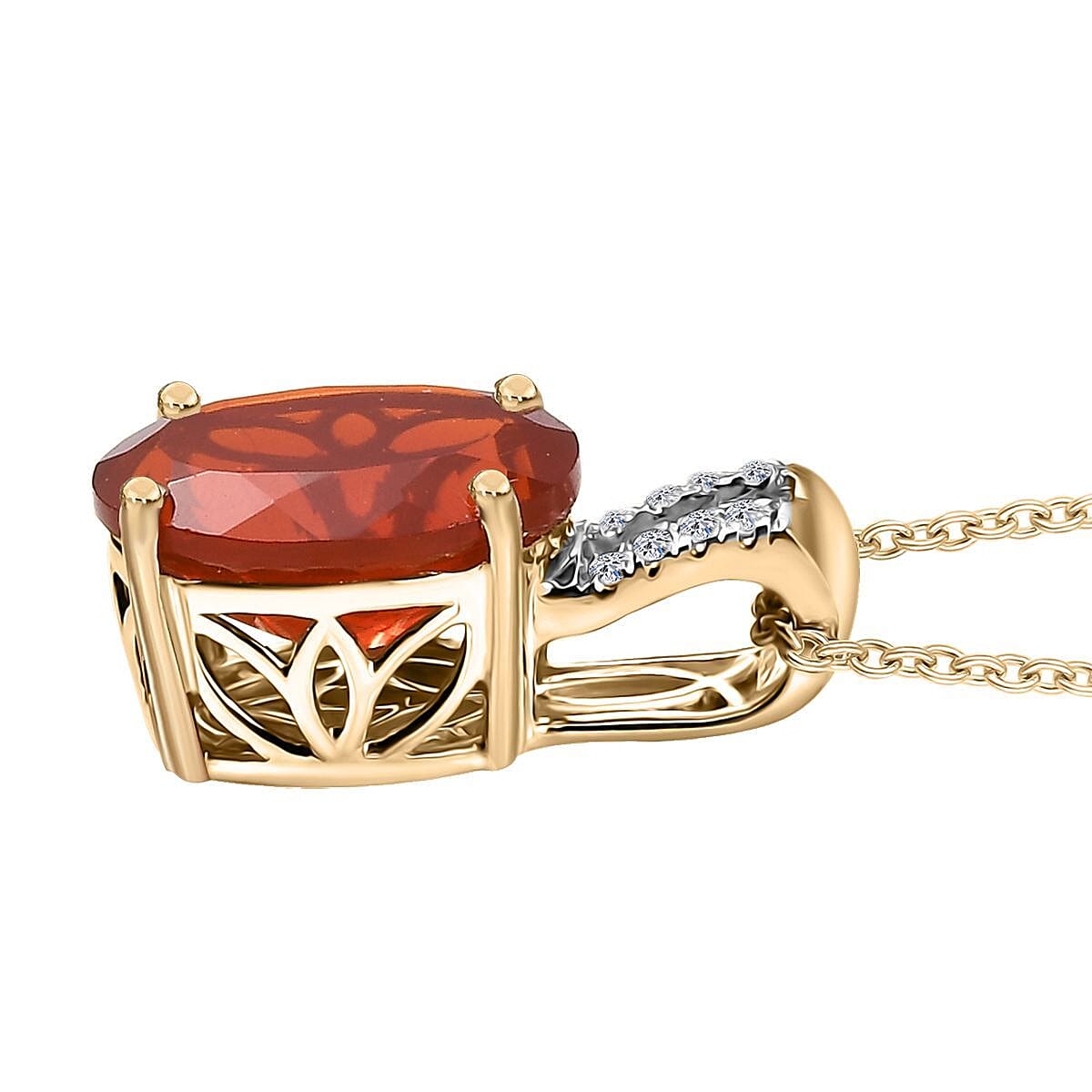 Mexican Cherry Fire Opal and Luxuriant Lab Grown Diamond E-F VS 2.40 ctw Pendant Necklace in 10K Yellow Gold 20 Inches image number 3