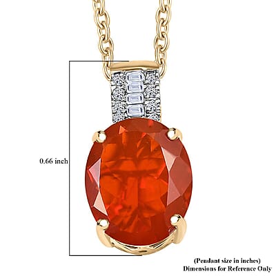 Mexican Cherry Fire Opal and Luxuriant Lab Grown Diamond E-F VS 2.40 ctw Pendant Necklace in 10K Yellow Gold 20 Inches