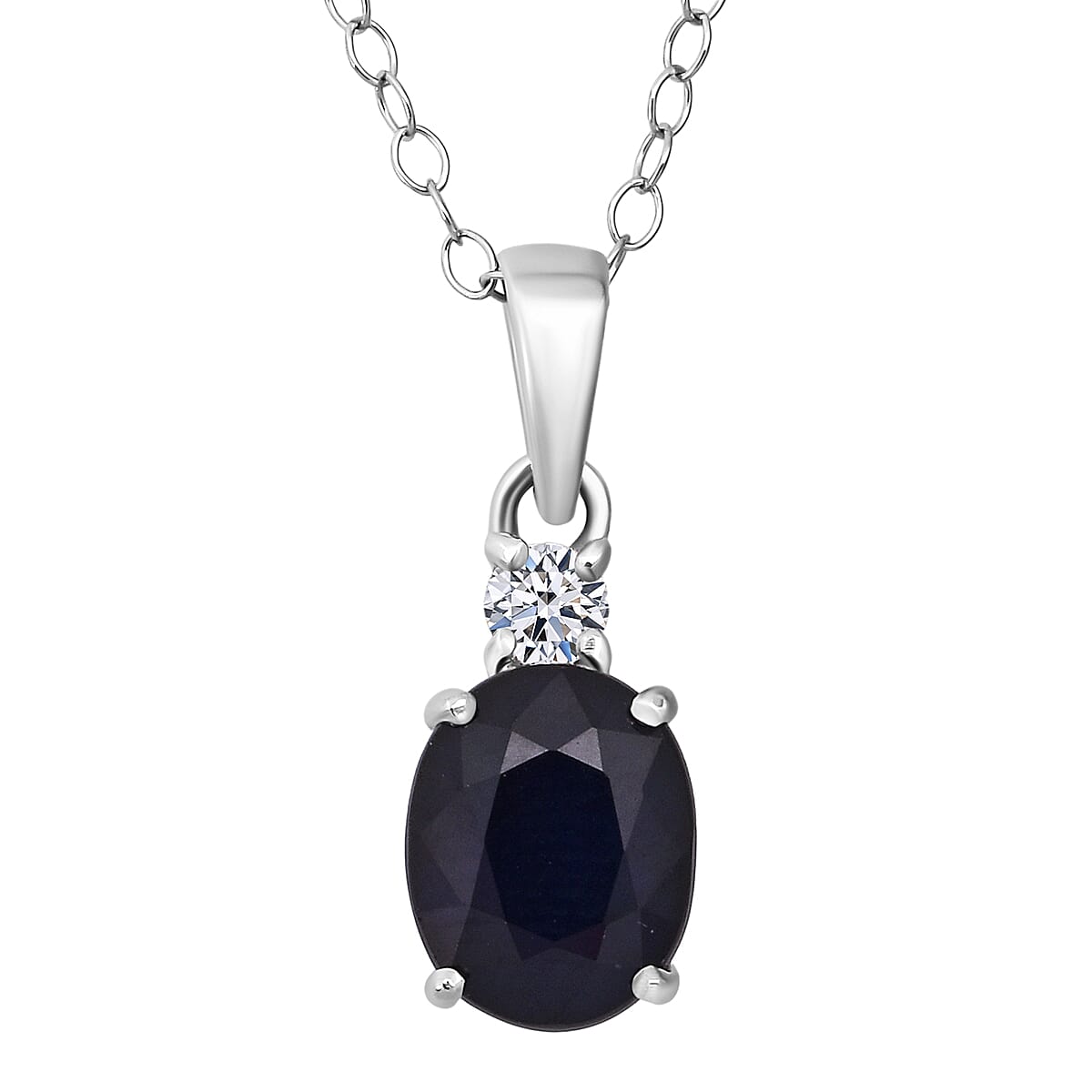 Kanchanaburi Blue Sapphire (DF) and Luxuriant Lab Grown Diamond G-H SI 2.20 ctw Timeless Grace Pendant Necklace 20 Inches in Rhodium Over Sterling Silver image number 0