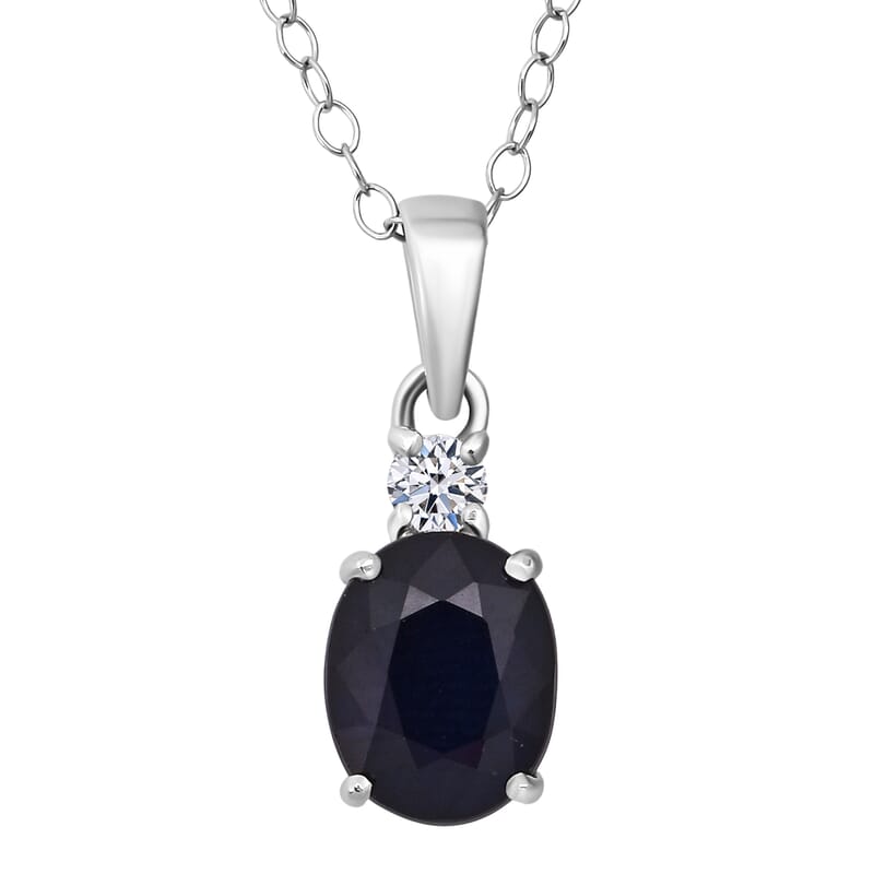 Kanchanaburi Blue Sapphire (DF) and Luxuriant Lab Grown Diamond G-H SI 2.20 ctw Timeless Grace Pendant Necklace 20 Inches in Rhodium Over Sterling Silver