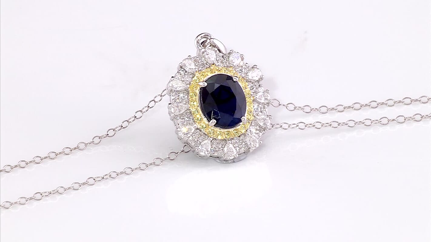 D'Joy Kanchanaburi Blue Sapphire (DF) and Multi Gemstone 4.25 ctw Regal Grace Pendant Necklace 20 Inches in Rhodium Over Sterling Silver