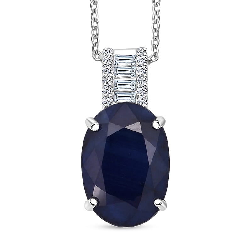 AAA Kanchanaburi Blue Sapphire (DF) and G-H SI Luxuriant Lab Grown Diamond 7.25 ctw Midnight Majesty Pendant Necklace 18 Inches in 10K White Gold