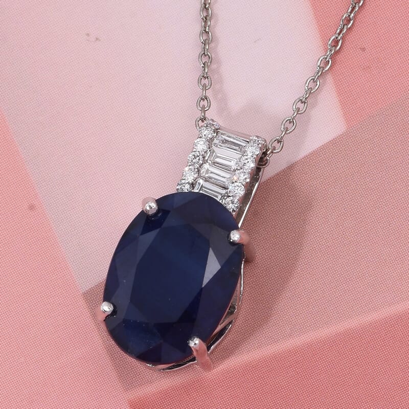 AAA Kanchanaburi Blue Sapphire (DF) and G-H SI Luxuriant Lab Grown Diamond 7.25 ctw Midnight Majesty Pendant Necklace 18 Inches in 10K White Gold