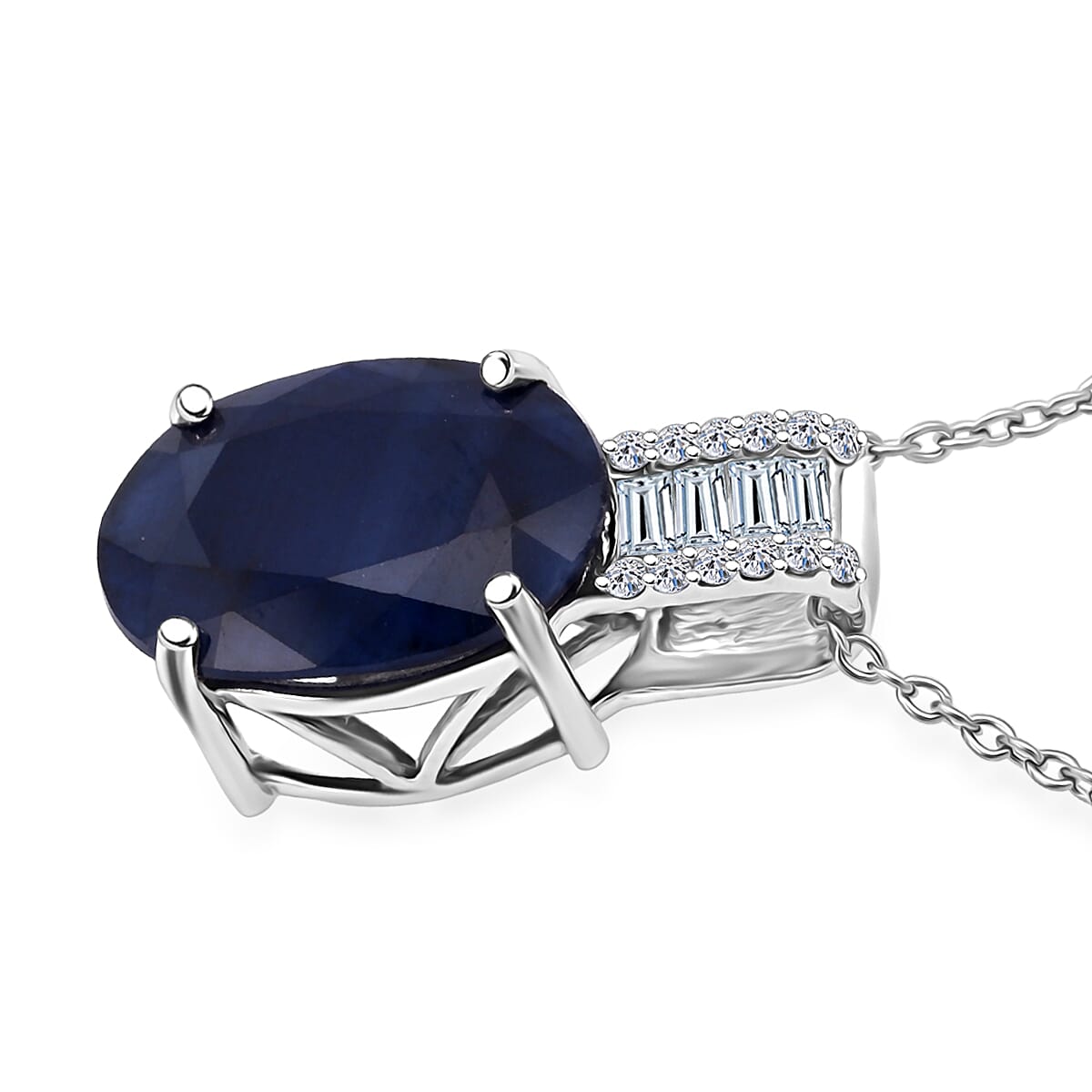 AAA Kanchanaburi Blue Sapphire (DF) and G-H SI Luxuriant Lab Grown Diamond 7.25 ctw Midnight Majesty Pendant Necklace 18 Inches in 10K White Gold  image number 3