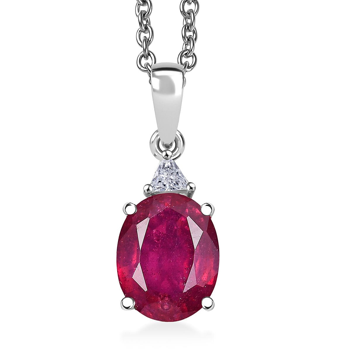 Doorbuster D'Joy Niassa Ruby (FF) and Moissanite 3.75 ctw Trinity of Elegance Pendant Necklace in Rhodium Over Sterling Silver 20 Inches image number 0