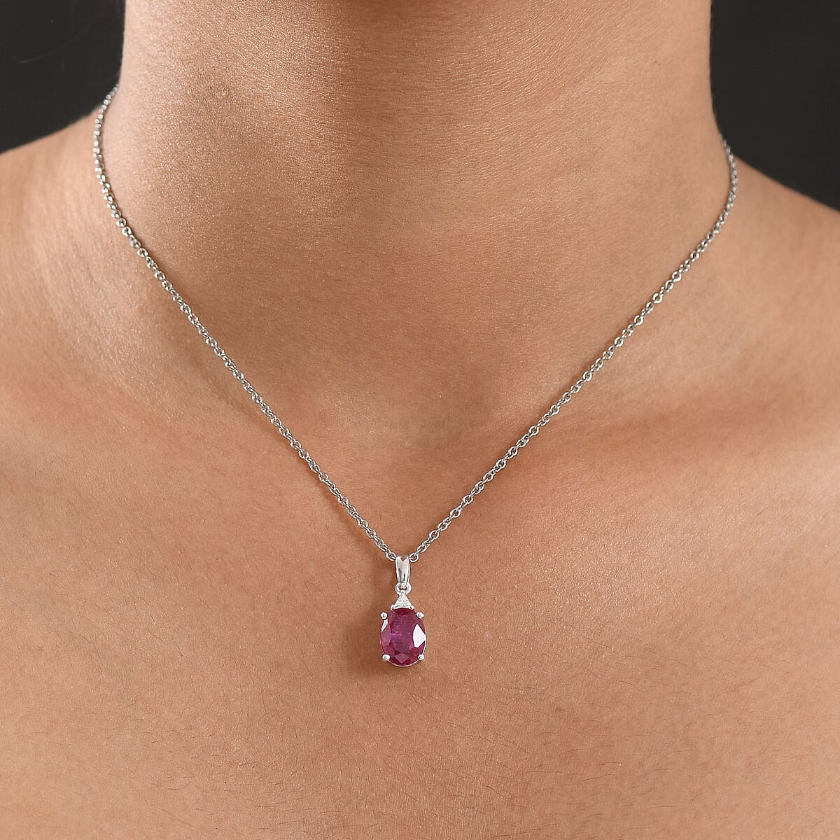 Doorbuster D'Joy Niassa Ruby (FF) and Moissanite 3.75 ctw Trinity of Elegance Pendant Necklace in Rhodium Over Sterling Silver 20 Inches image number 2
