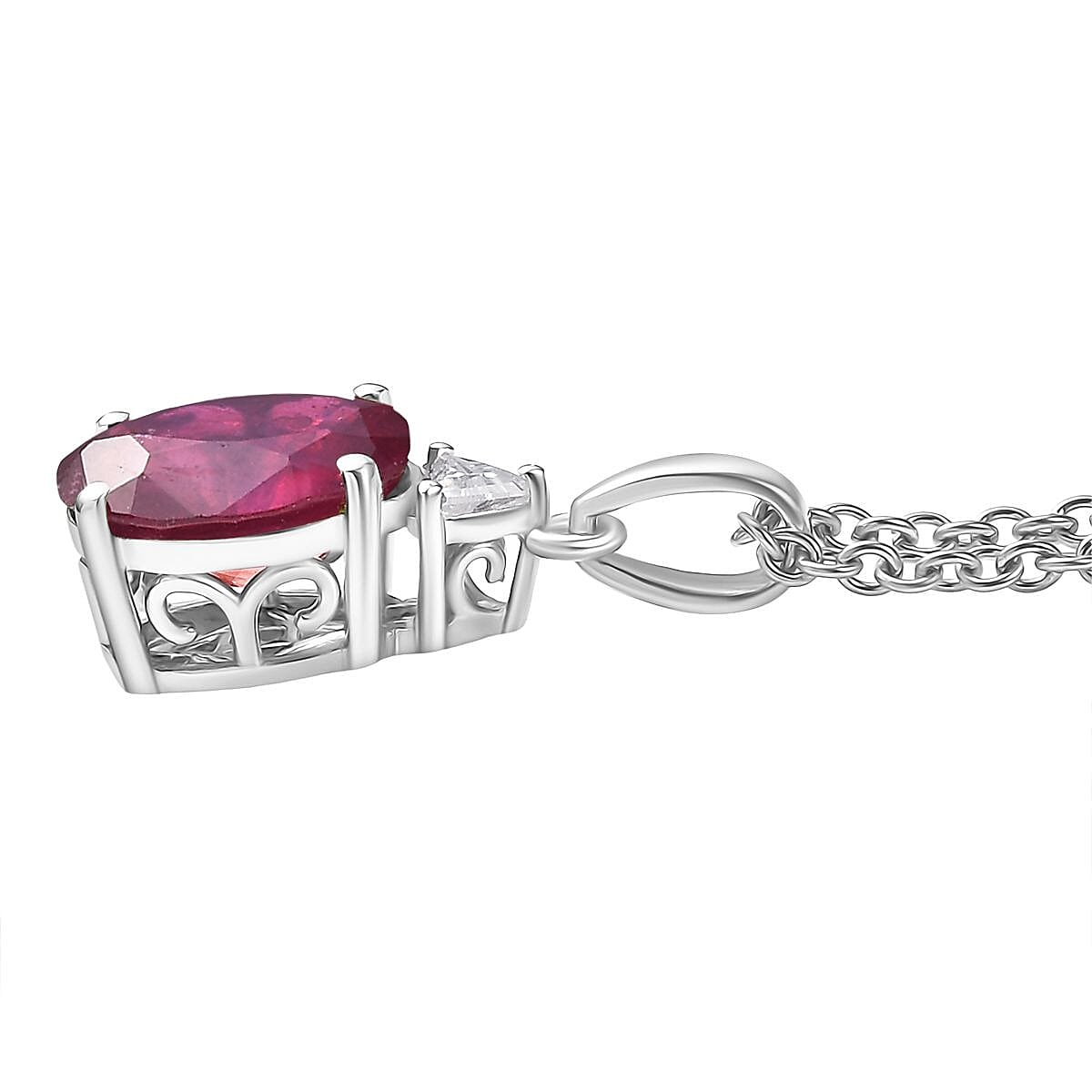 Doorbuster D'Joy Niassa Ruby (FF) and Moissanite 3.75 ctw Trinity of Elegance Pendant Necklace in Rhodium Over Sterling Silver 20 Inches image number 3