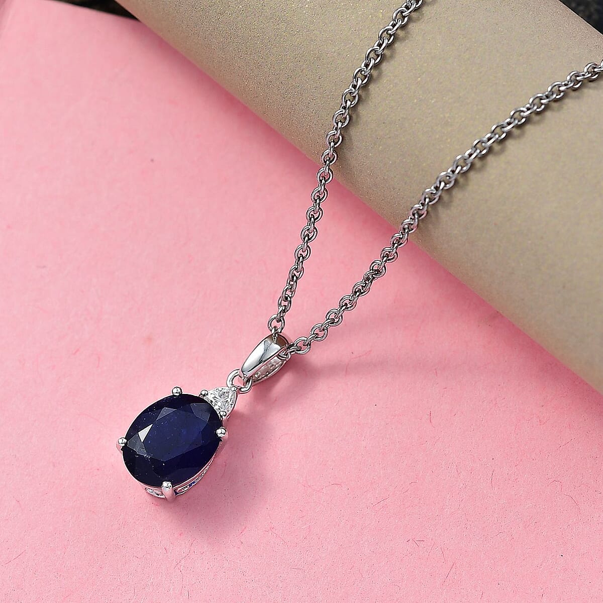 Doorbuster D'Joy Masoala Sapphire (D) and Moissanite 4.15 ctw Trinity of Elegance Pendant Necklace in Rhodium Over Sterling Silver 20 Inches image number 1