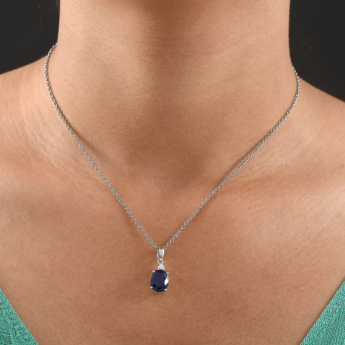Doorbuster D'Joy Masoala Sapphire (D) and Moissanite 4.15 ctw Trinity of Elegance Pendant Necklace in Rhodium Over Sterling Silver 20 Inches image number 2