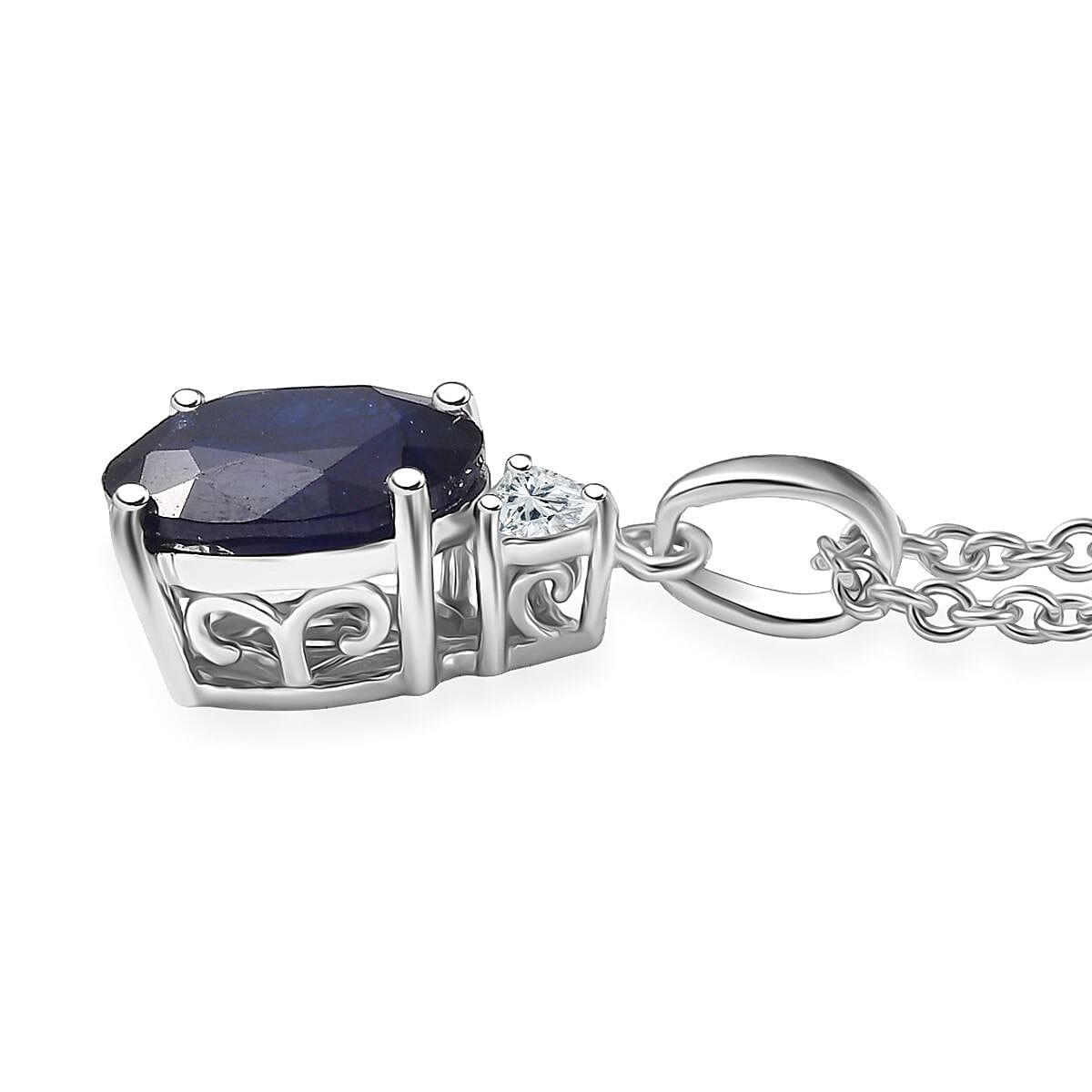 Doorbuster D'Joy Masoala Sapphire (D) and Moissanite 4.15 ctw Trinity of Elegance Pendant Necklace in Rhodium Over Sterling Silver 20 Inches image number 3
