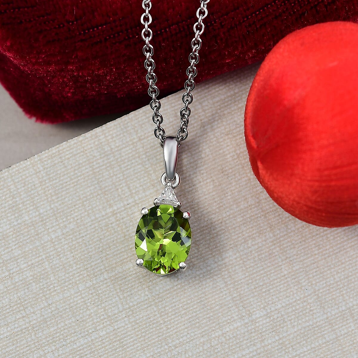 Doorbuster D'Joy Hebei Peridot and Moissanite 2.75 ctw Trinity of Elegance Pendant Necklace in Rhodium Over Sterling Silver 20 Inches image number 1