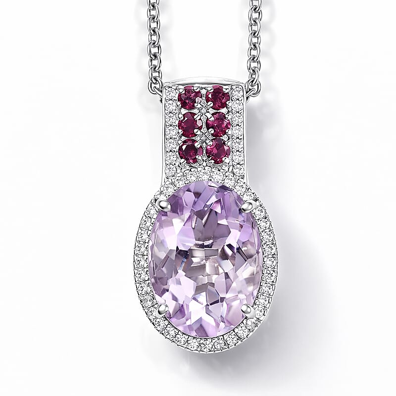 EverTrue Rose De France Amethyst and Multi Gemstone 5.60 ctw Imperial Majesty Pendant in Platinum Bond with Stainless Steel Necklace 20 Inches