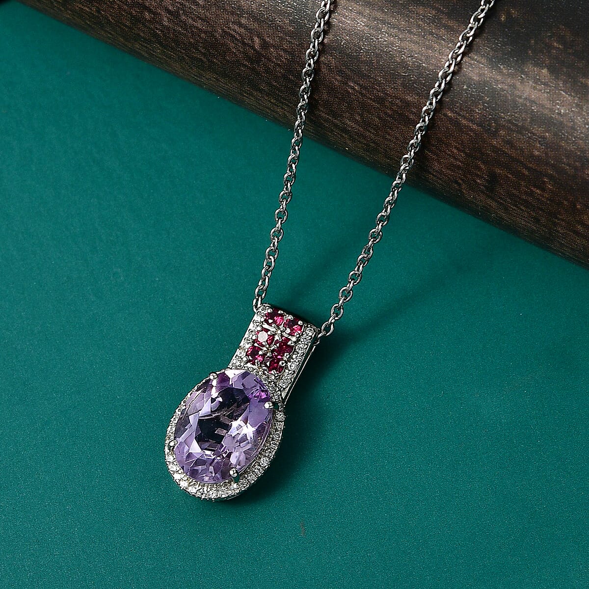 EverTrue Rose De France Amethyst and Multi Gemstone 5.60 ctw Imperial Majesty Pendant in Platinum Bond with Stainless Steel Necklace 20 Inches image number 1