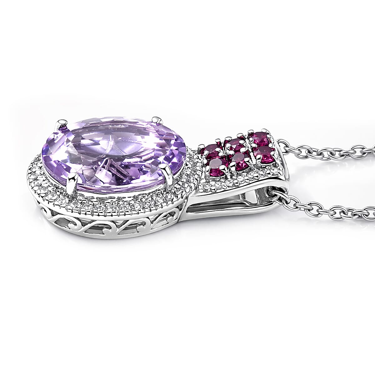 EverTrue Rose De France Amethyst and Multi Gemstone 5.60 ctw Imperial Majesty Pendant in Platinum Bond with Stainless Steel Necklace 20 Inches image number 3