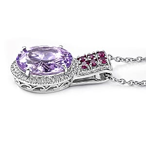 EverTrue Rose De France Amethyst and Multi Gemstone 5.60 ctw Imperial Majesty Pendant in Platinum Bond with Stainless Steel Necklace 20 Inches
