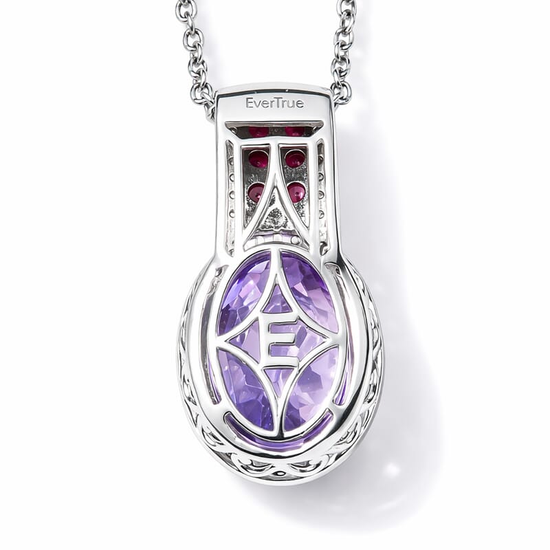 EverTrue Rose De France Amethyst and Multi Gemstone 5.60 ctw Imperial Majesty Pendant in Platinum Bond with Stainless Steel Necklace 20 Inches