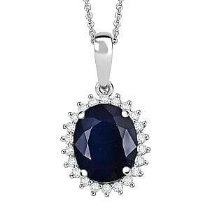 D'Joy Kanchanaburi Blue Sapphire (DF) and Moissanite 4.60 ctw Starlit Aura Pendant with Necklace 20 Inches in Rhodium Over Sterling Silver