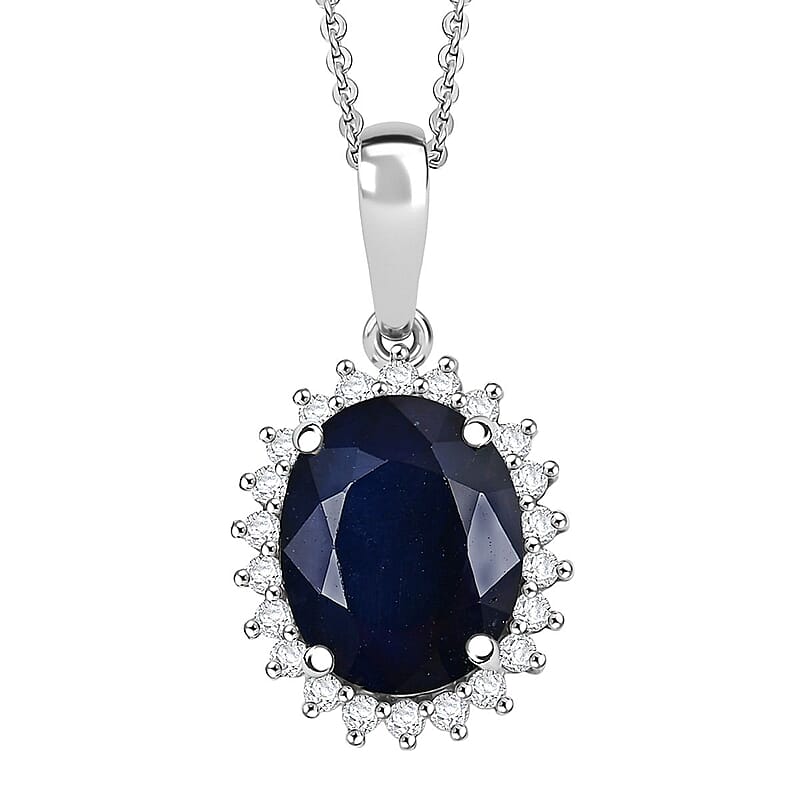 D'Joy Kanchanaburi Blue Sapphire (DF) and Moissanite 4.60 ctw Starlit Aura Pendant with Necklace 20 Inches in Rhodium Over Sterling Silver