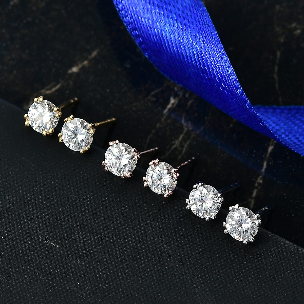 Doorbuster D'Joy Moissanite 2.60 ctw Set of 3 Solitaire Stud Earrings in 18K Vermeil YRG and Rhodium Over Sterling Silver image number 1