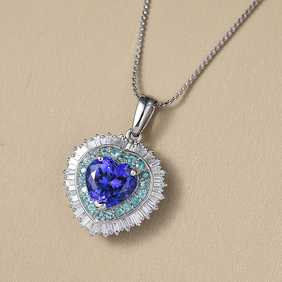 Doorbuster Rhapsody AAAA Tanzanite, Paraiba Tourmaline and Diamond E-F VS 2.60 ctw Heart of Atlantis Pendant Necklace in 950 Platinum 20 Inches 5.40 Grams image number 1