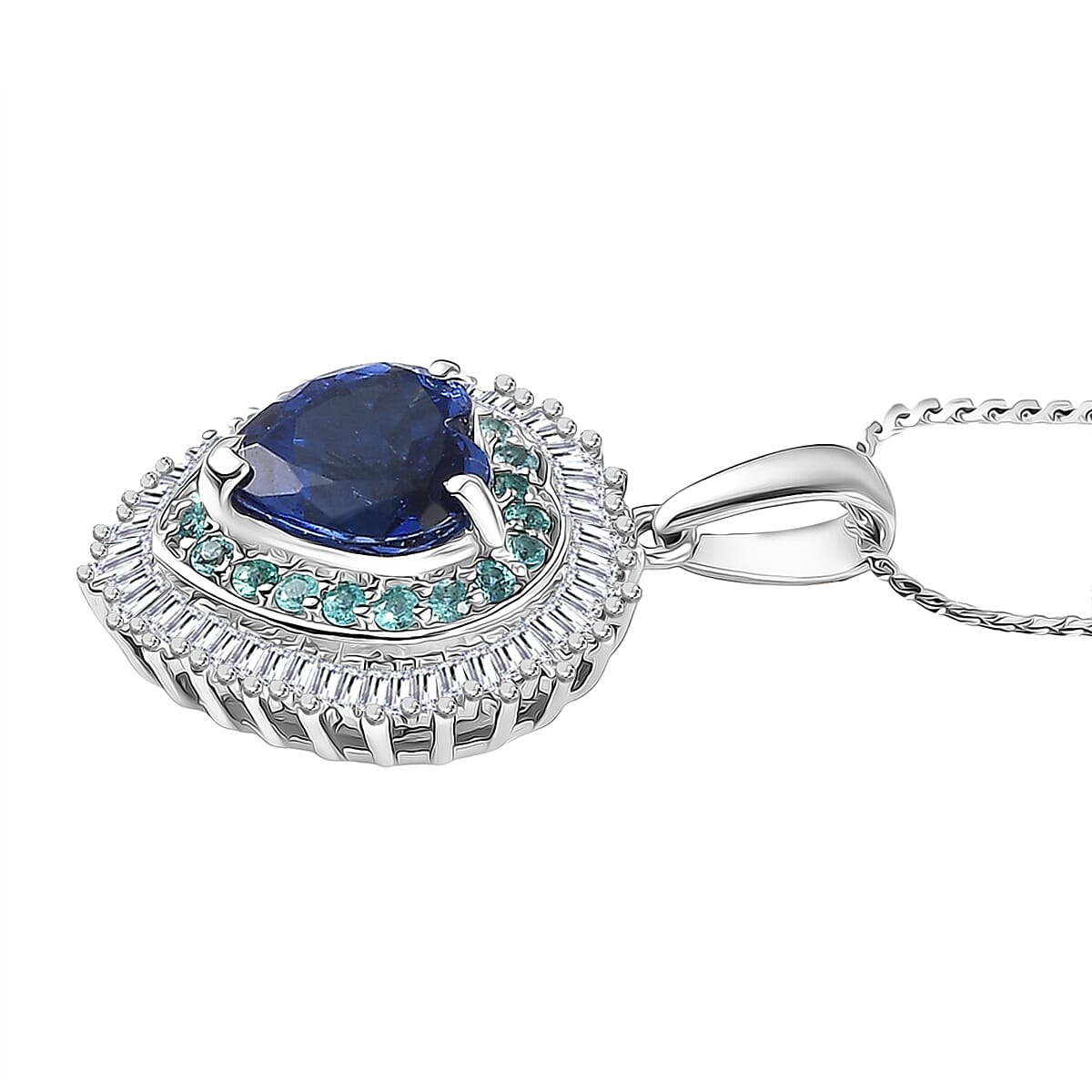 Doorbuster Rhapsody AAAA Tanzanite, Paraiba Tourmaline and Diamond E-F VS 2.60 ctw Heart of Atlantis Pendant Necklace in 950 Platinum 20 Inches 5.40 Grams image number 3