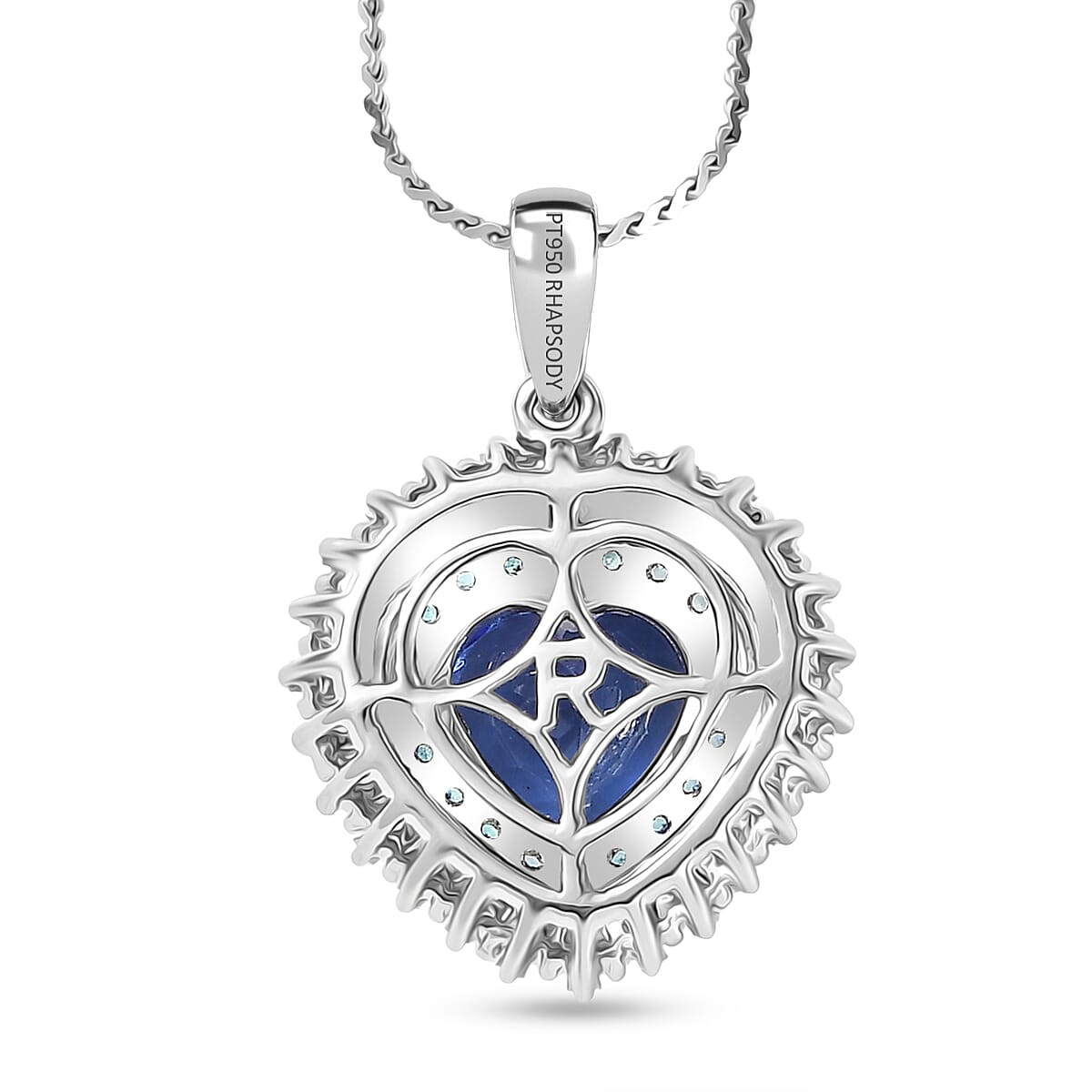 Doorbuster Rhapsody AAAA Tanzanite, Paraiba Tourmaline and Diamond E-F VS 2.60 ctw Heart of Atlantis Pendant Necklace in 950 Platinum 20 Inches 5.40 Grams image number 4